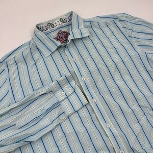 Robert Graham Men's‎ XL Classic Fit Blue Striped Flip Cuff Button Dress Shirt